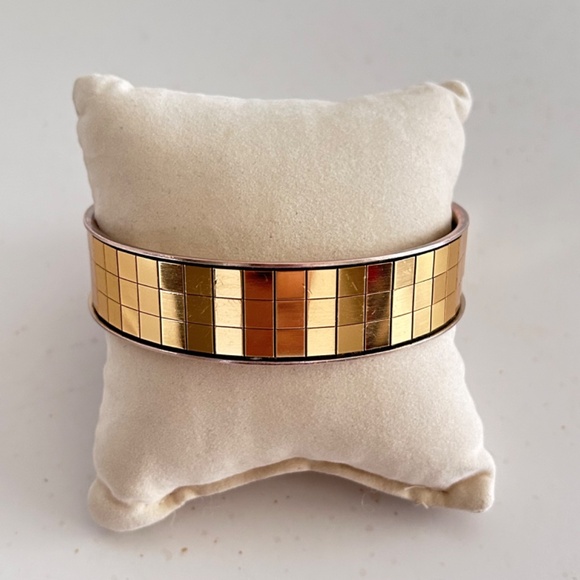 Circular Metal Bangle Squares Gold Tone Bracelet Golden Mosaic - Picture 2 of 7